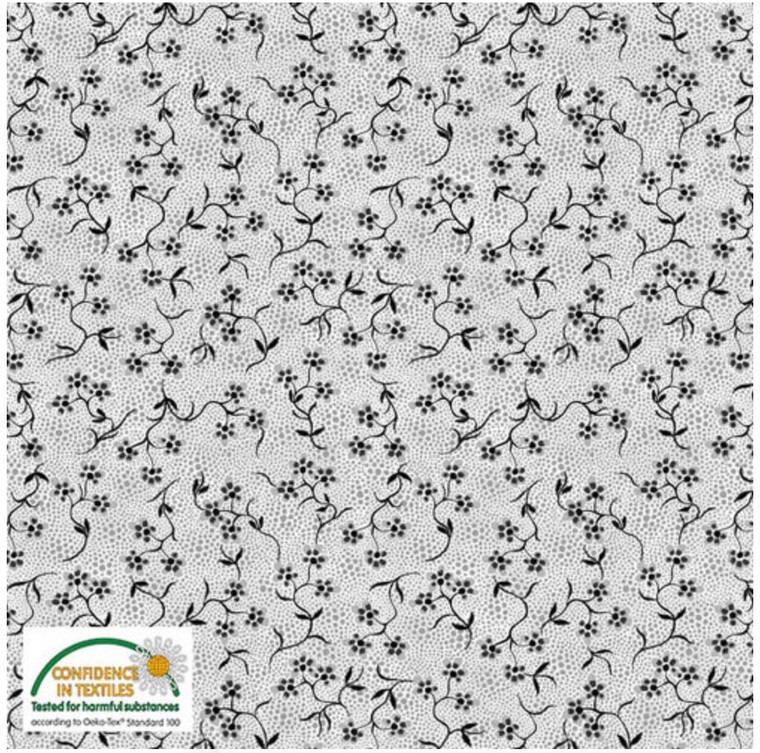 Stof Fillippa's Line Flowers Branches Dots Black/White Cotton Fabric By The Yard