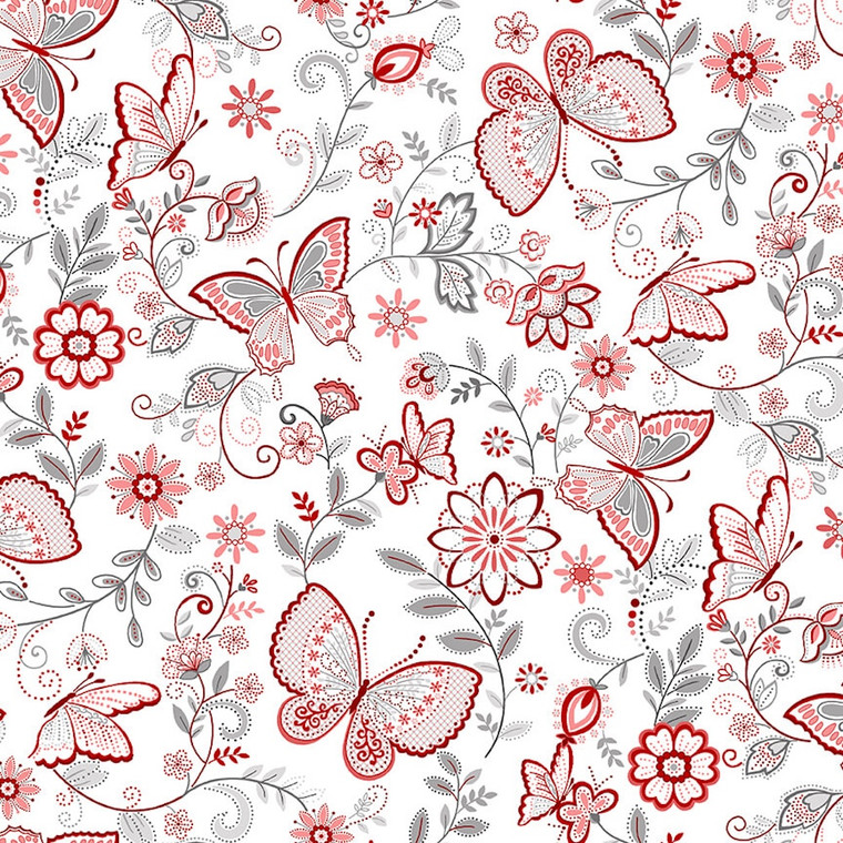 Henry Glass Scarlet Stitches & White Linen Butterflies White Cotton Fabric By The Yard