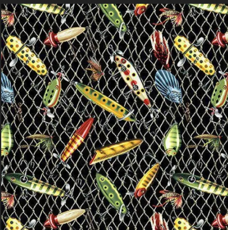 Blank Quilting Keep It Reel Fishing Lures Black Cotton Fabric By The Yard