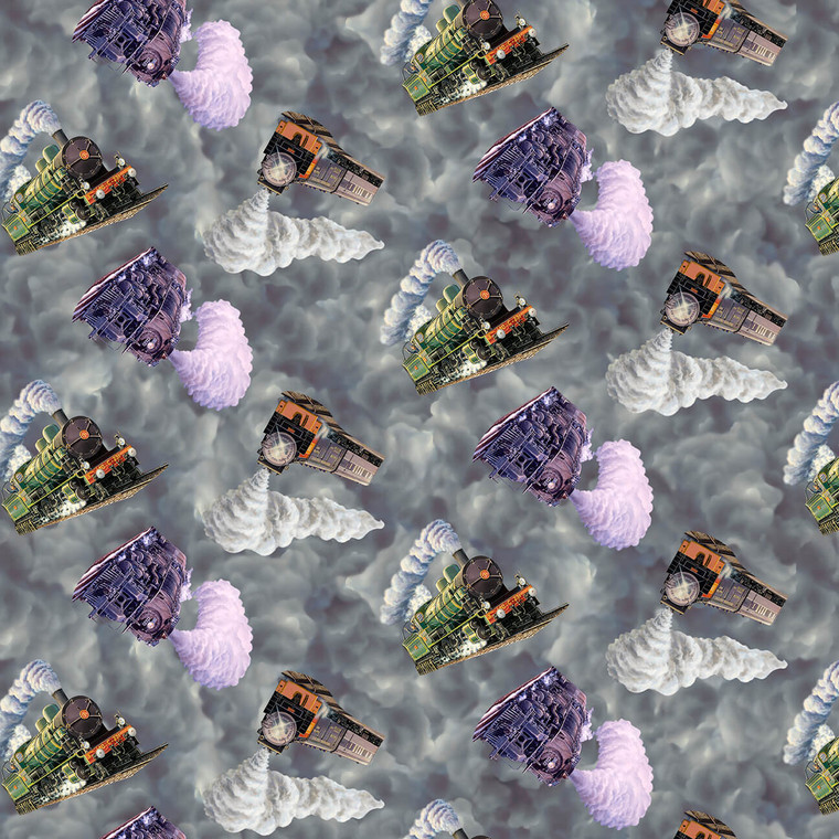 Blank Quilting Express Tracks Tossed Trains Charcoal Cotton Fabric By The Yard