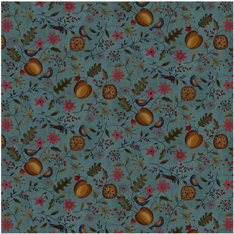 Henry Glass Blessings of Home Pumpkin Floral Allover Teal Cotton Fabric By The Yard