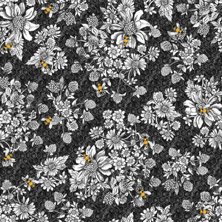 Blank Quilting Show Me The Honey Floral & Bees Charcoal Cotton Fabric By The Yard