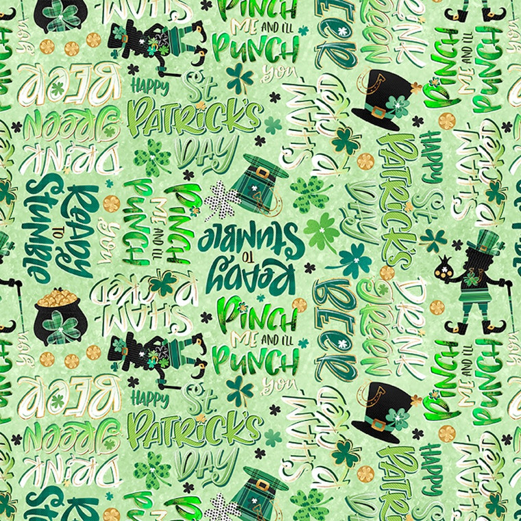 Blank Quilting Shamrocked! Leprechaun Words Green Cotton Fabric By Yard