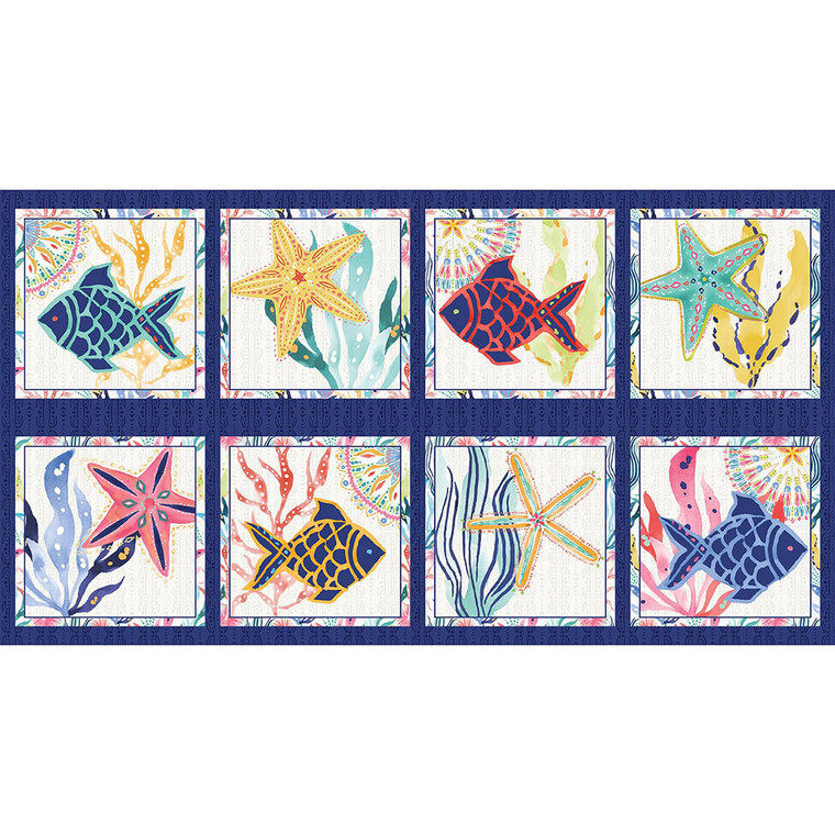 Blank Quilting Along The Coast Fish & Seaweed Blocks Dk Blue Cotton Fabric By The Panel