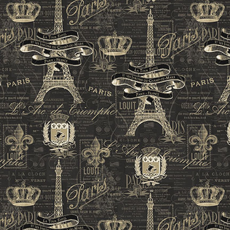 Blank Quilting Paris Nights Eiffel Tower Crests Crowns Charcoal Cotton Fabric By The Yard