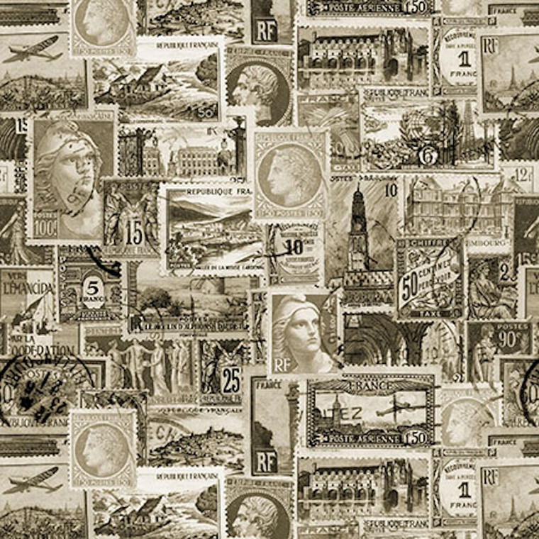 Blank Quilting Paris Nights Postage Stamps Sepia Cotton Fabric By The Yard