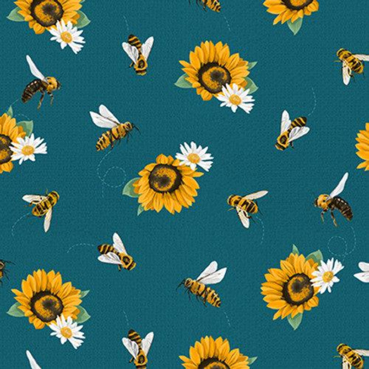 Blank Quilting Love Never Fails Sunflowers & Bees Dk Teal Cotton Fabric By The Yard