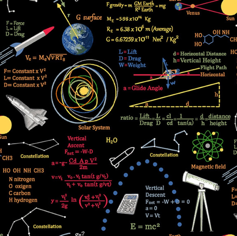 Studio E Planetary Missions Graphics & Formulas Black Cotton Fabric By Yard
