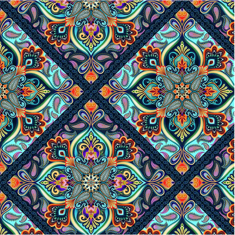 Studio E Blooming Paisley Diamond Medallion Sky Cotton Fabric By Yard