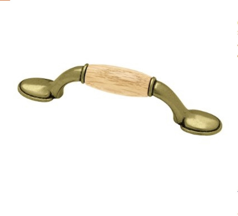 Brainerd P50010V-ABO Antique Brass & Oak Wood 3" Spoon Foot Cabinet Drawer Pull