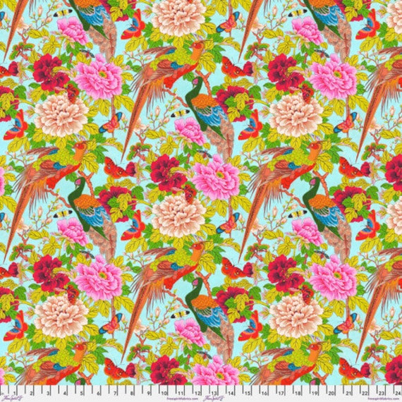 Snow Leopard Temple Garden Pheasants & Butterflies Cotton Fabric By The Yard