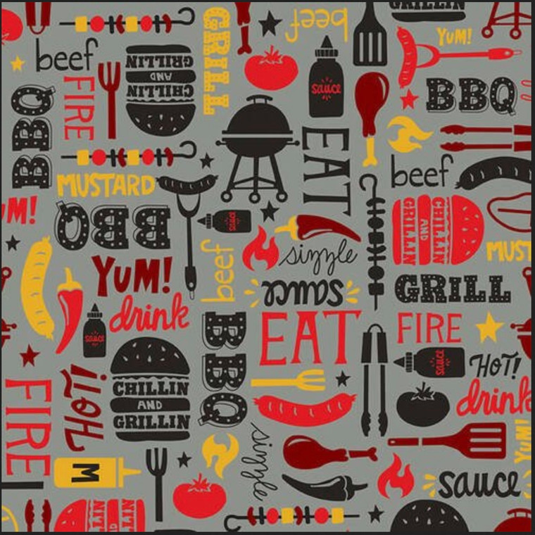 Henry Glass Peace, Love and BBQ Words & Motifs Gray Cotton Fabric By The Yard