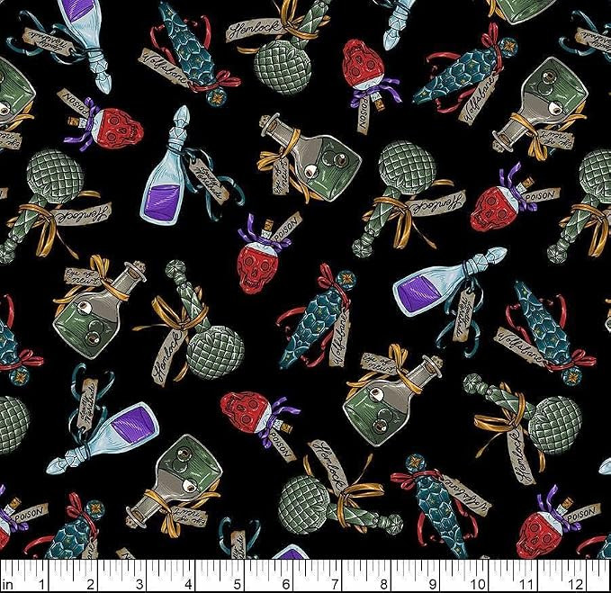 Free Spirit Storybook Halloween Poison Bottles Multi Cotton Fabric by The Yard