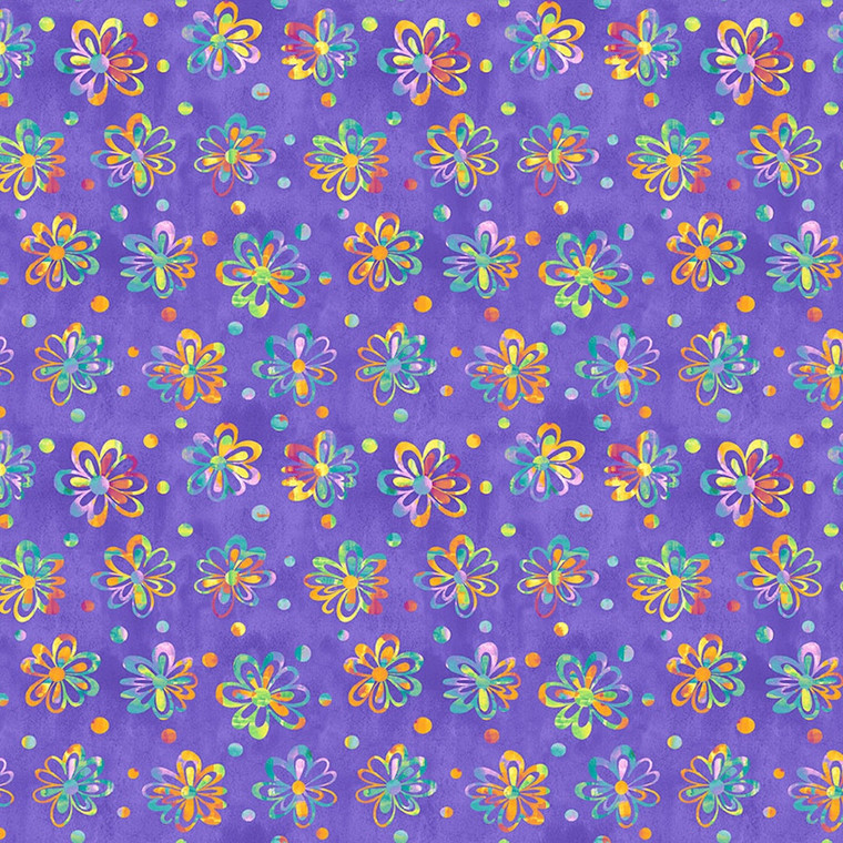 Blank Quilting Joy of Color Rainbow Flowers Purple Cotton Fabric By Yard