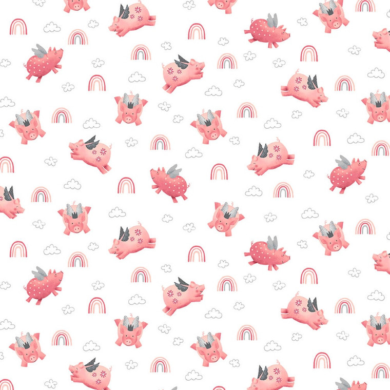 Studio E Porkopolis Flying Pigs White Cotton Fabric by The Yard