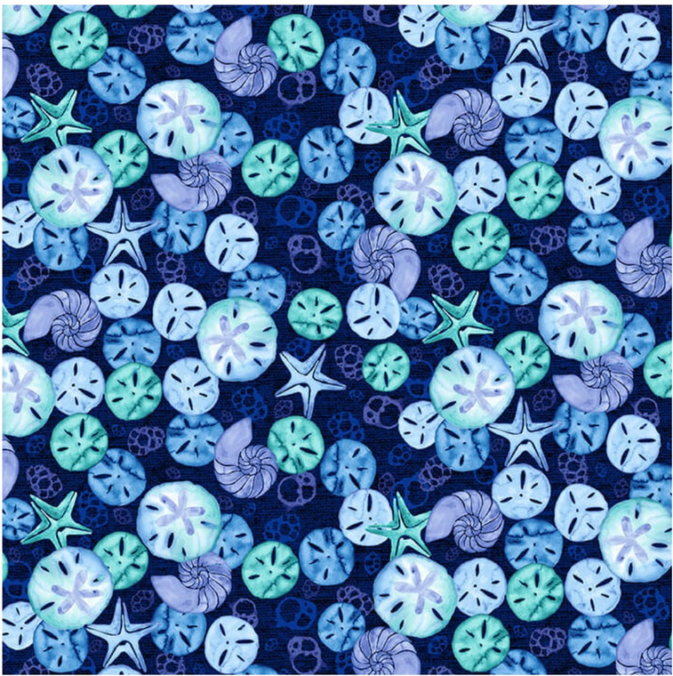 Studio E The Sea Is Calling Sand Dollars & Shells Navy Cotton Fabric by The Yard