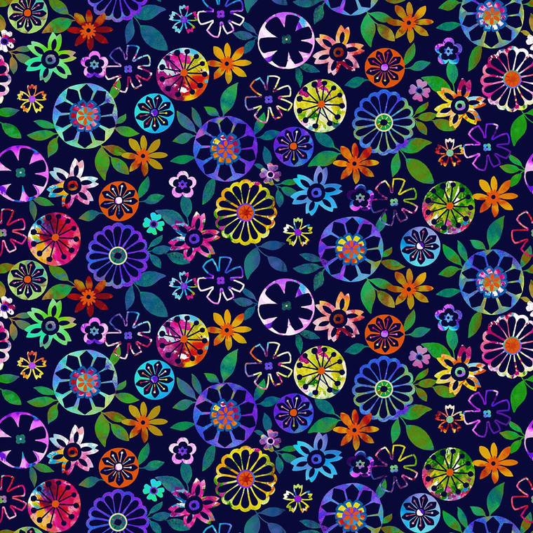 Studio E Geofetti Geometric Floral Navy Cotton Fabric By The Yard