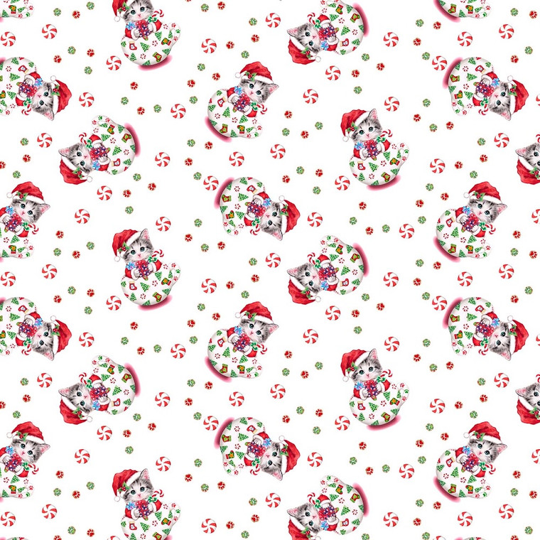 Studio E Furry & Bright Kitten In Teacup White Christmas Cotton Fabric By Yd