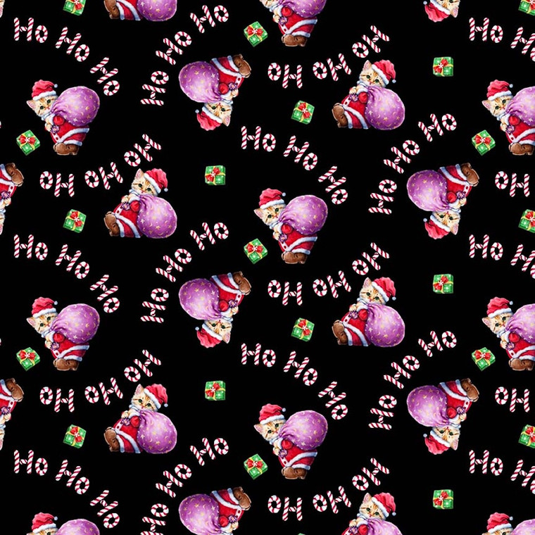 Studio E Furry & Bright Black Kitten w/ Gift Sack Christmas Cotton Fabric By Yd
