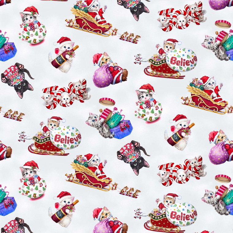 Studio E Furry & Bright Kitten Joy Christmas Cotton Fabric By The Yard
