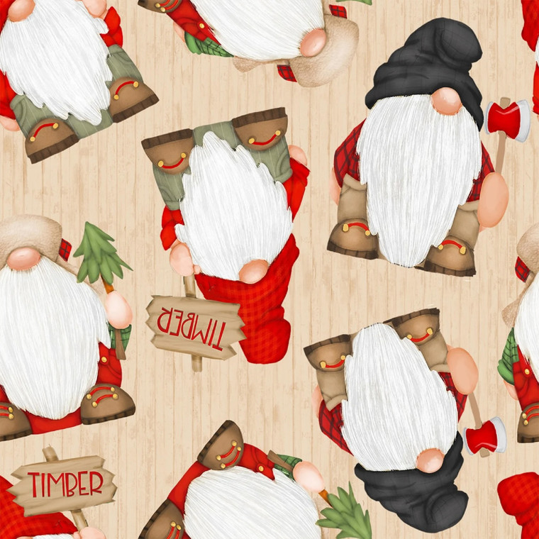Henry Glass Timber Gnomies Gnomes On Woodgrain Beige Cotton Fabric By The Yard