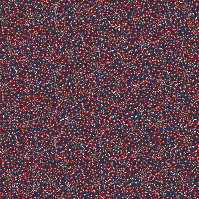 Henry Glass Bundle Up Holiday Holly Berries Navy Cotton Fabric By The Yard