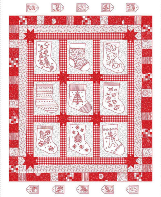 Henry Glass Redwork Christmas Stocking Block Red Cotton Fabric By The Panel
