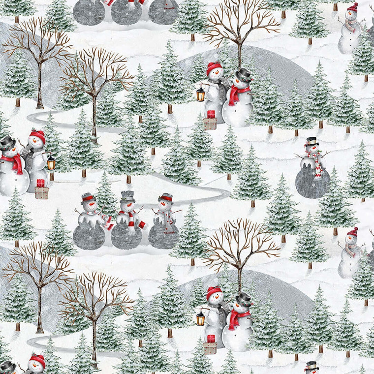 Blank Quilting Joyful Tidings Snowmen w/ Trees White Cotton Fabric By The Yard
