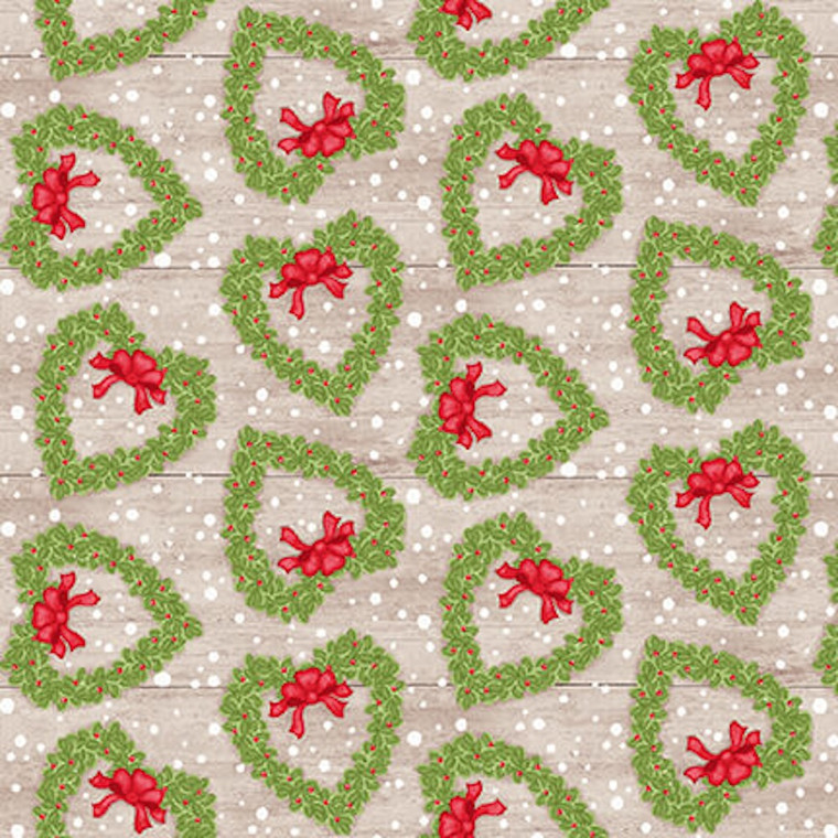 Studio E Snow Place Like Home Heart Wreaths Beige Cotton Flannel Fabric By Yd