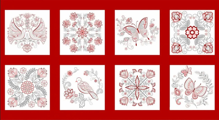Henry Glass Scarlet Stitches & White Linen Block Panel Red Cotton Fabric By Yard