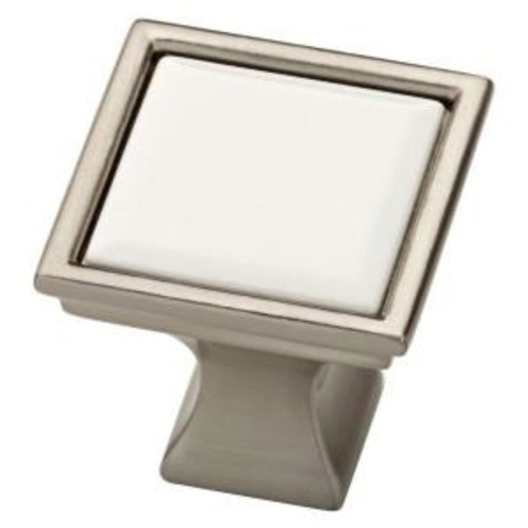 P20376-188   1" White Ceramic w/ Satin Nickel Square Cabinet Drawer Knob