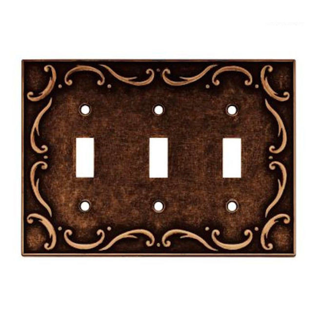64279  Sponged Copper French Lace Triple Switch Cover Plate
