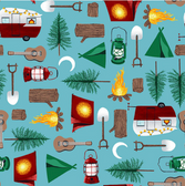 StudioE Beneath The Stars Camping Icons Lt Blue Cotton Fabric By The Yard