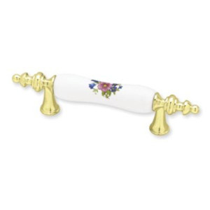 P50022C-PBW Brass & White Ceramic w/ Flower 3 Cabinet Drawer Pull