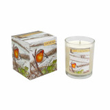 Heaven Scent 'Cold Still Days' 20cl vegan soy candle box and glass jar, scented with nutmeg, orange and cinnamon, featuring a winter robin illustration. Heaven Scent 'Cold Still Days' 20cl vegan soy candle box and glass jar, scented with nutmeg, orange and cinnamon, featuring a winter robin illustration.