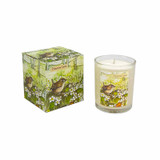 Heaven Scent 'Primrose Lane' 20cl vegan soy candle and illustrated box, featuring a charming wren bird amongst primroses, suggesting a fresh, spring scent.