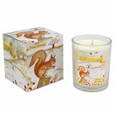 Heaven Scent 'Frosty Morning' 20cl vegan soy candle box and glass jar, scented with amber and tonka bean, featuring a squirrel illustration on a cold winter's morning.