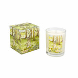 Heaven Scent 'Mossy Dell' 20cl vegan soy candle box and glass jar, scented with fern, featuring a hare and dandelions illustration in a shaded woodland setting.