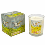Heaven Scent 'Summer Meadows' 20cl vegan soy candle box and glass jar, scented with rosehip, featuring a barn owl illustration flying over a field of foxgloves.