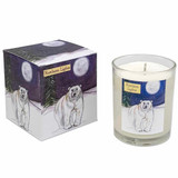 Heaven Scent 'Northern Lights' 20cl vegan soy candle box and glass jar, scented with ivy (apple, pine, musk), featuring a polar bear illustration under a full moon.