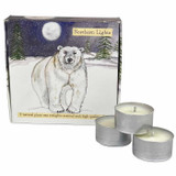 Heaven Scent 'Northern Lights' vegan soy tealights in a box, scented with ivy (apple, pine, musk), featuring a polar bear illustration under a full moon.