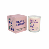 Heaven Scent Modern Botanical Black Cherry candle in glass jar next to its pink box with cherry illustration. Scent notes: Cherry, Almond + Vetiver. Vegan soy wax. Heaven Scent Modern Botanical Black Cherry candle in glass jar next to its pink box with cherry illustration. Scent notes: Cherry, Almond + Vetiver. Vegan soy wax.