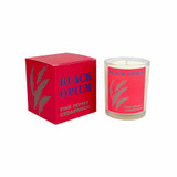 Heaven Scent Modern Botanical Black Opium candle in glass jar next to its red box with illustration. Scent notes: Pink Pepper and Cedarwood. Vegan soy wax. Heaven Scent Modern Botanical Black Opium candle in glass jar next to its red box with illustration. Scent notes: Pink Pepper and Cedarwood. Vegan soy wax.