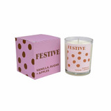 Heaven Scent Modern Botanical Festive candle in glass jar next to its pink polka-dot box. Scent notes: Vanilla, Sugar and Apples. Vegan soy wax. Heaven Scent Modern Botanical Festive candle in glass jar next to its pink polka-dot box. Scent notes: Vanilla, Sugar and Apples. Vegan soy wax.