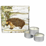 Heaven Scent 'Winter Ramble' vegan soy tea lights in a box, scented with Black Cherry, featuring a hedgehog illustration in a snowy woodland setting.