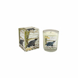 Heaven Scent 'Midwinter' 9cl vegan soy candle box and glass jar, scented with Gold, Frankincense & Myrrh, featuring a badger illustration in a snowy woodland setting.