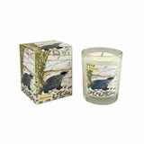 Heaven Scent 'Midwinter' 9cl vegan soy candle box and glass jar, scented with Gold, Frankincense & Myrrh, featuring a badger illustration in a snowy woodland setting.