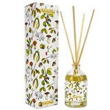 Heaven Scent 100ml reed diffuser in Autumn Days scent. The clear apothecary glass bottle is illustrated with acorns and toadstools, beside a tall illustrated gift box showing a field and hedgerow pattern with autumn leaves. The fragrance is field and hedgerow.
