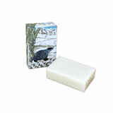 Heaven Scent Midwinter Gold Frankincense & Myrrh 100g Natural Soap pictured with a beautifully illustrated with a badger in a snowy scene.