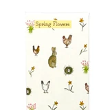 Spring flowers Easter incense sticks displayed in their illustrated pack featuring rabbits, chickens and spring flowers by Sarah Pettitt.Scent Spring Flowers Rose & Patchouli incense stick packet illustrated with botanical illustrations of chickens, rabbits, nests and wildflowers on a white background. Shows 10 red sticks inside.